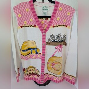 Quacker Factory Pink White Spring Flower Button Cottagecore Garden Sweater M